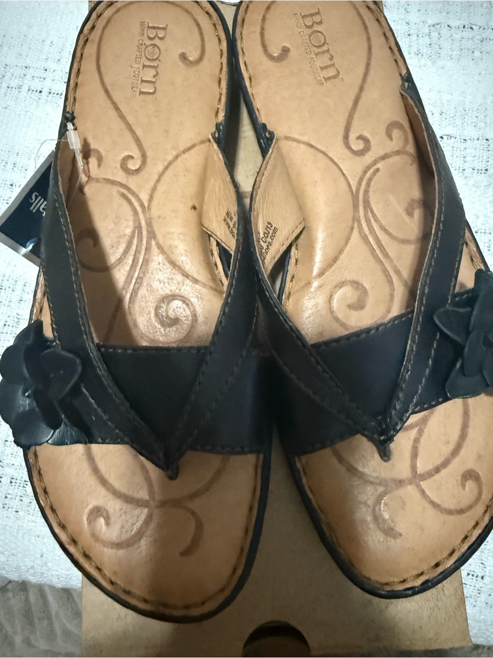 Born Black Leather Floral Thong Sandals